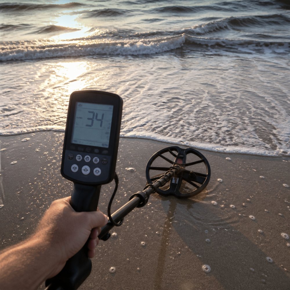 Close-up of a metal detector coil sweeping over wet sand at the edge of the surf, a hand holding the control box showing a target ID number, ocean waves in the background under late afternoon light