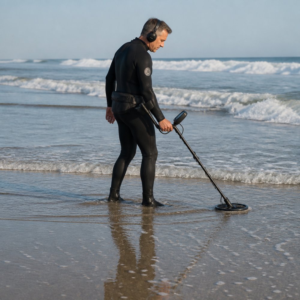 Beachcomber in wetsuit using Minelab Equinox detector in shallow surf zone with waves breaking in background and wet sand surrounding their feet