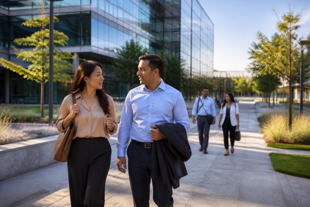 Professional walking through a modern North Dallas corporate campus plaza