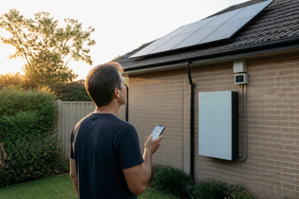 A homeowner standing in a suburban backyard at golden hour, looking up at rooftop solar panels and a wall-mounted battery unit, holding a phone showing an energy monitoring app