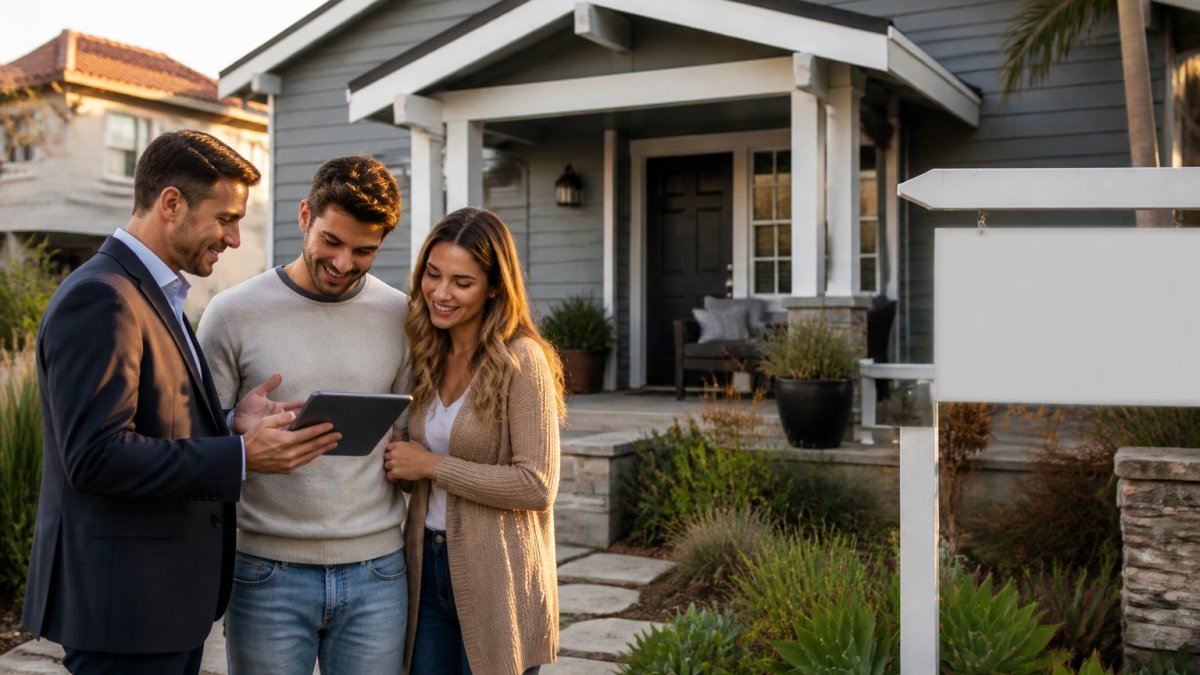 Real estate agent showing South Bay real estate listings on a tablet to a couple in front of a coastal home