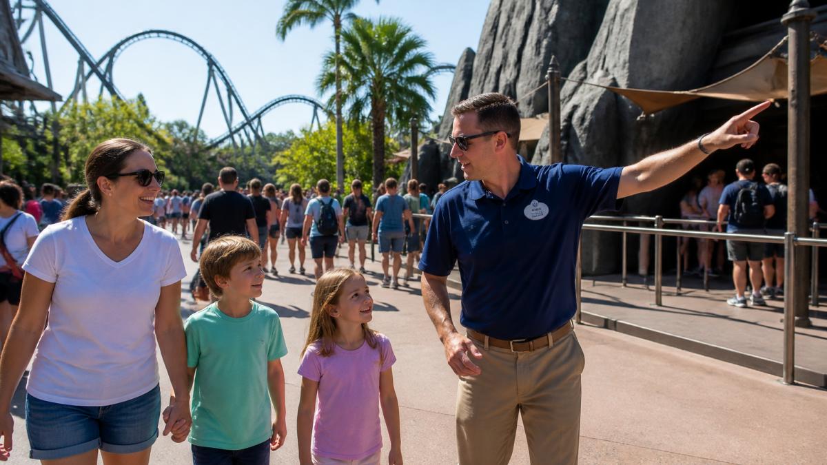 A family with two young children walking through a theme park with a tour guide in a polo shirt, pointing toward a ride entrance, bright sunny day, crowds visible in the background