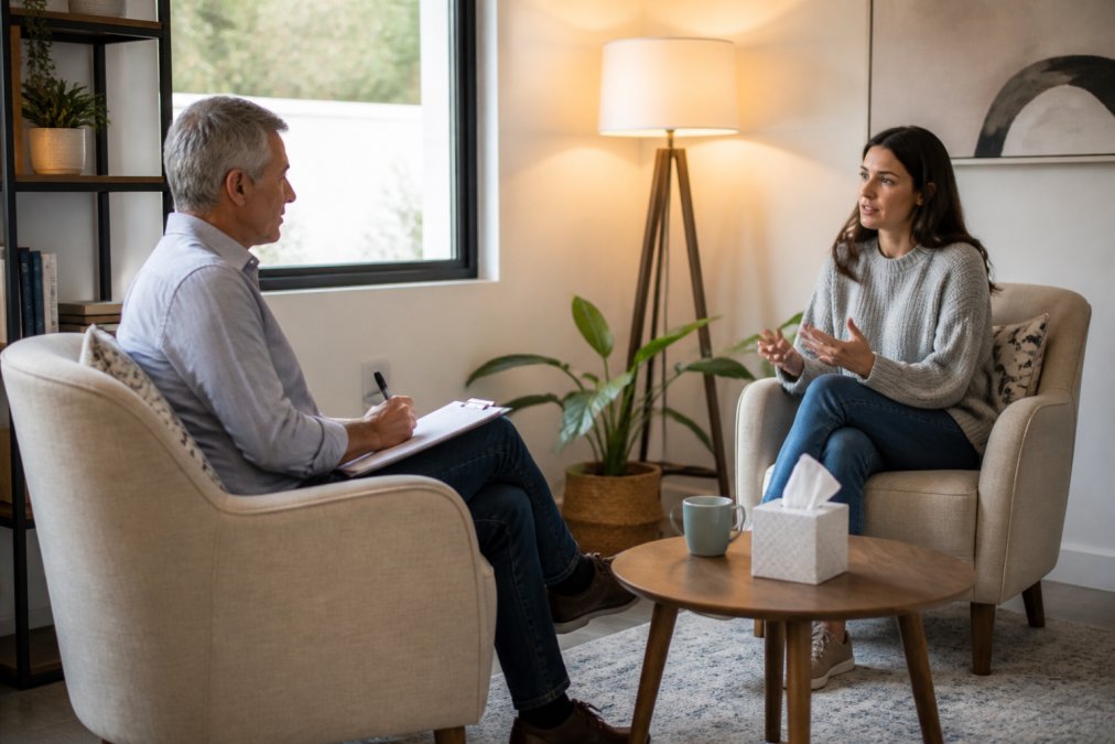 Therapist and client engaged in a supportive therapy for anxiety session in a bright, modern office space.