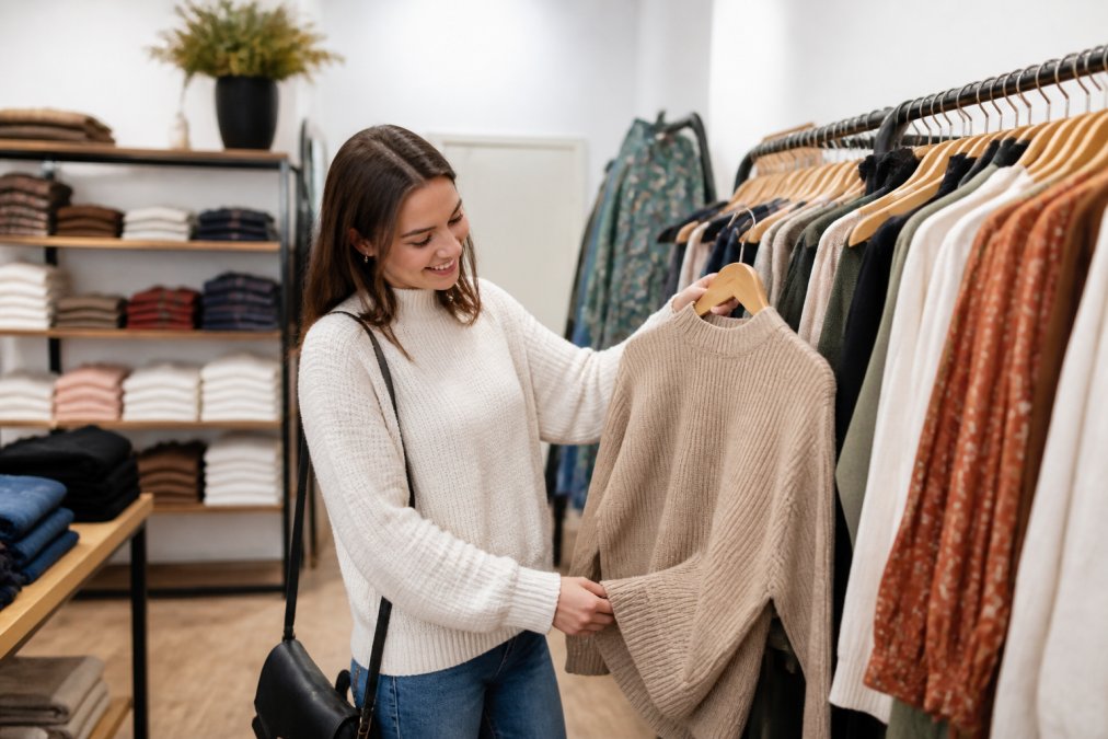 Smiling woman browsing stylish knit sweaters in a modern, well-organized clothing boutique in Canada.