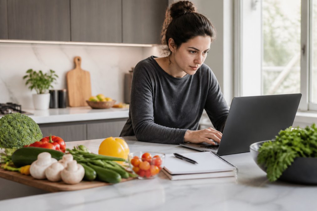 A person at a kitchen counter with a laptop open to a meal planning chat, surrounded by fresh vegetables and a notebook, looking focused and organized
