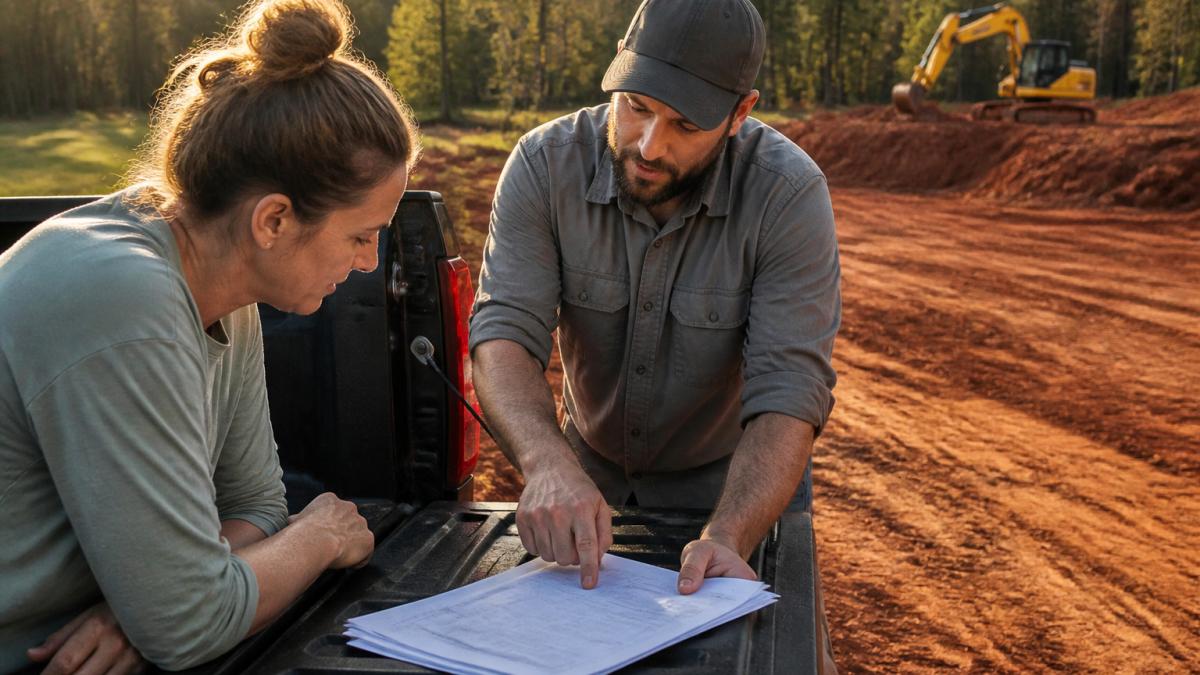 Homeowner and contractor reviewing a Mendenhall alternative septic estimate on a truck tailgate.