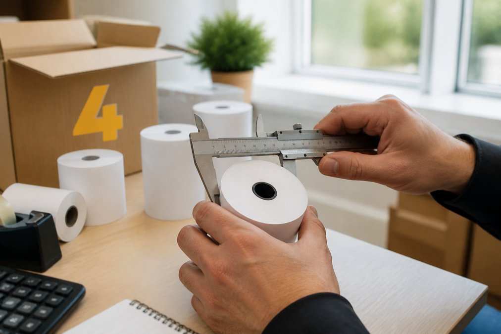 Close-up of hands using callipers to measure the diameter of a thermal till roll on a clean desk in a small retail back office, natural daylight from a window