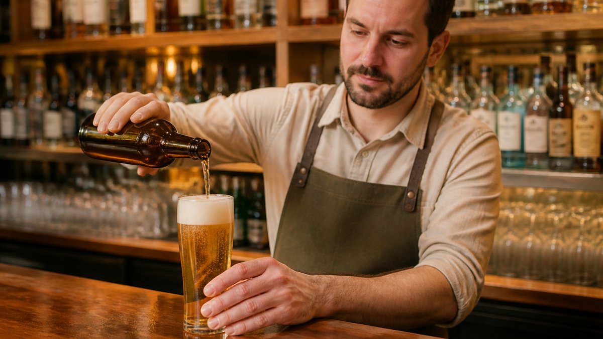 Professional bartender pouring a chilled 0.0% alcohol free beer into a pint glass with a perfect head, wooden bar counter with bottles displayed in background, warm ambient lighting