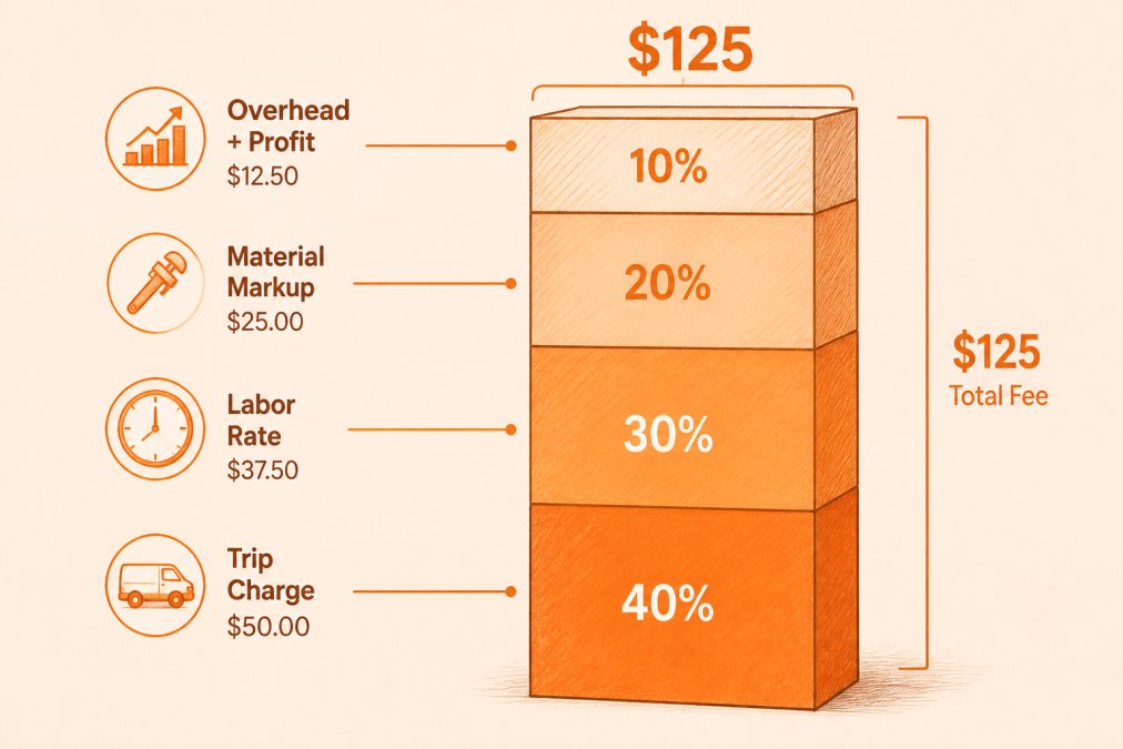 Pencil sketch diagram of a stacked bar showing a plumbing service call fee broken into four layers: trip charge, labor rate, material markup, and overhead plus profit, with each layer labeled and sized to show how they build the final price
