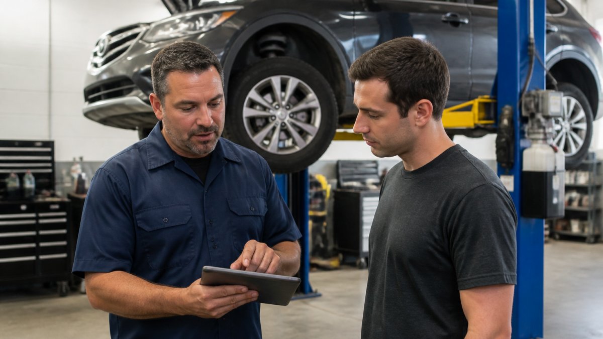 ASE-certified mechanic explaining a digital mechanical repair diagnostic report to a customer in a garage