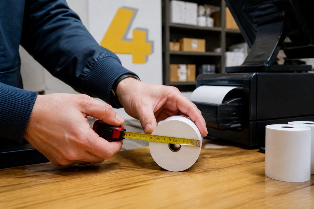 Retail manager using a measuring tape to check the diameter of a thermal printer paper roll on a wooden counter