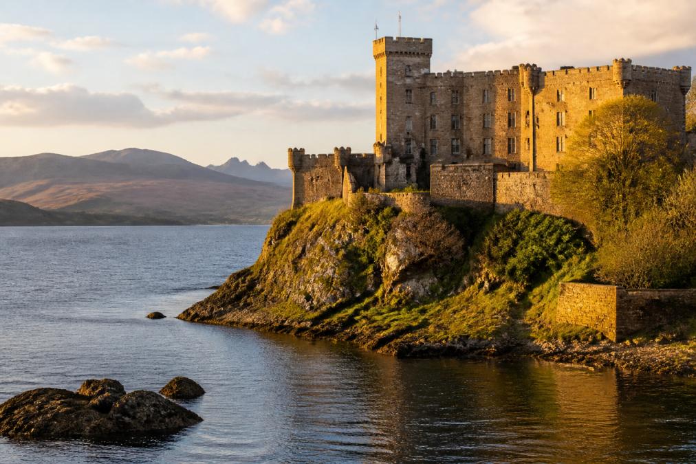 Dunvegan Castle perched on rocky coastline with golden afternoon light illuminating the stone fortress and surrounding loch waters, mountains visible in the distance