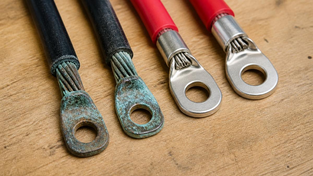 Diagram comparing corroded bare copper wire terminals with pristine tinned copper wire showing oxidation differences.