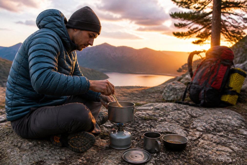 Camper cooking a meal in a lightweight titanium cookware pot over a portable stove at a scenic evening campsite
