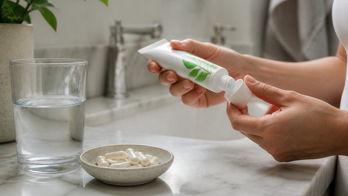 Hands holding a natural toothpaste tube next to probiotic capsules and a glass of water on a bathroom counter