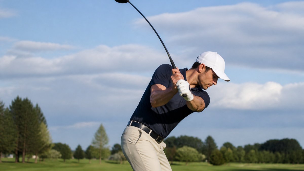 Professional golfer demonstrating driver shaft loading during swing transition, showing flex bend in shaft with natural course lighting