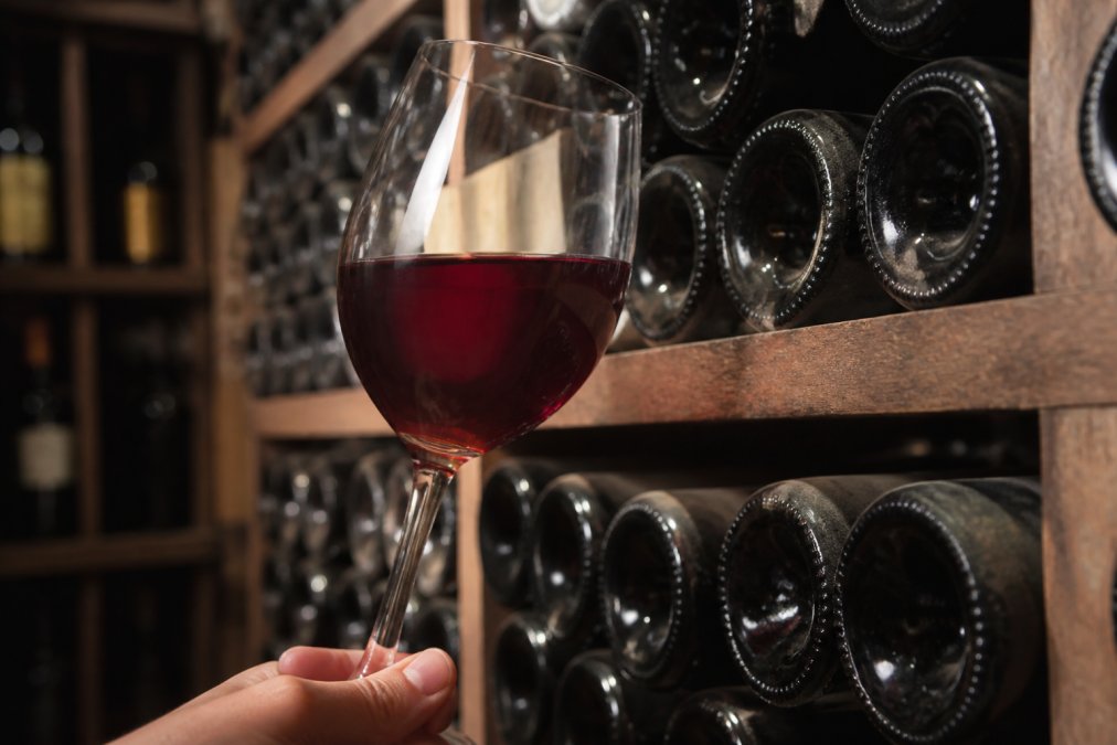 A row of dark wine bottles lying in a traditional wooden cellar rack, with a single glass of deep ruby wine held up to the light in the foreground