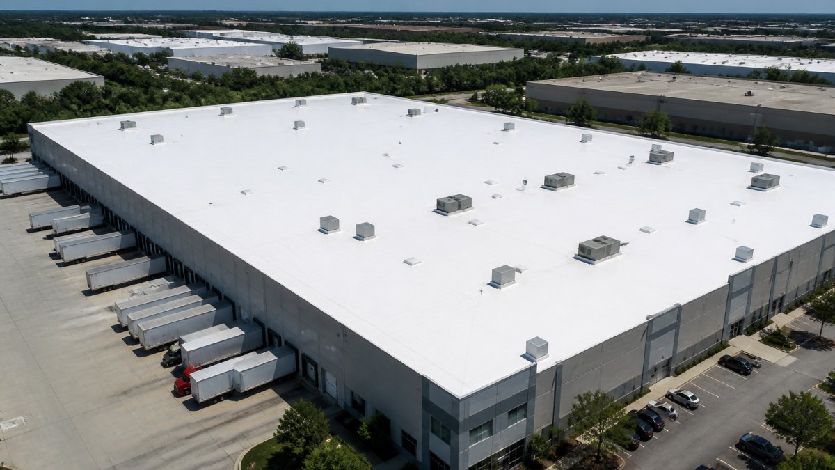 Aerial view of a large warehouse roof with bright white TPO membrane installed, showing the reflective surface gleaming under intense midday sunlight with surrounding industrial buildings