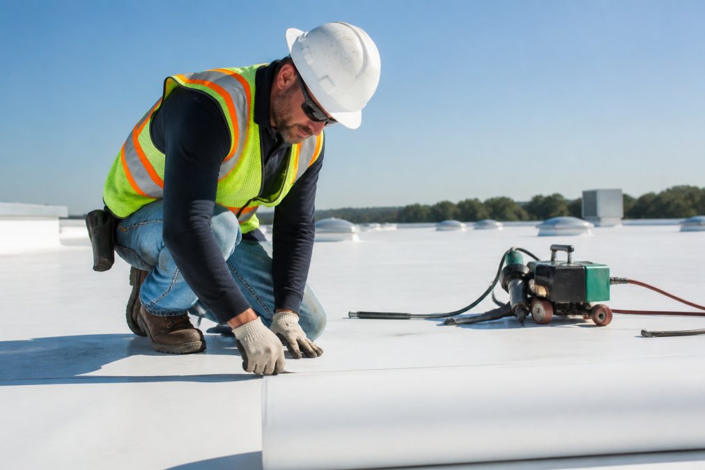 A roofing contractor in safety gear inspecting a white TPO membrane on a flat commercial roof, with heat-welding equipment visible nearby and a clear sky overhead