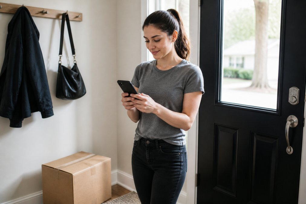 A person checking their smartphone for a package tracking update while standing in a bright home entryway with a delivered clothing box nearby