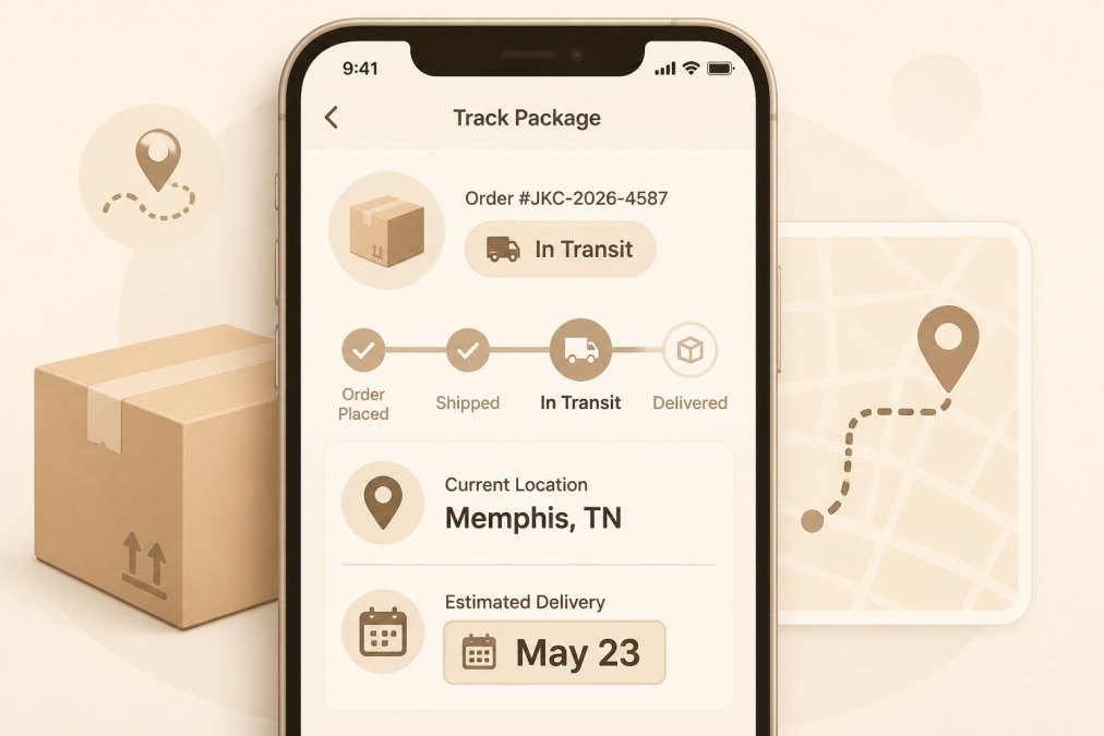A smartphone screen displaying a package tracking interface with delivery status showing "In Transit," current location, and estimated delivery date highlighted in clear text