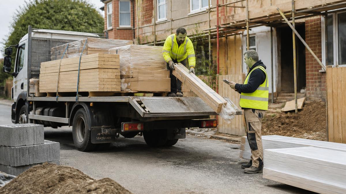 Delivery driver unloading timber and building supplies for a tradesperson at a residential renovation site
