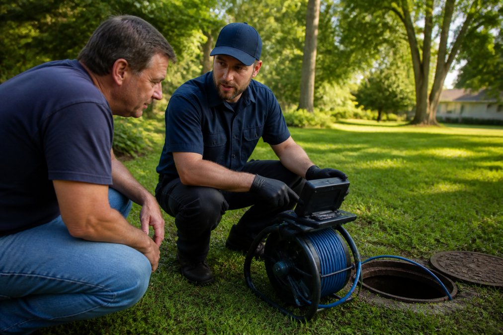 A homeowner and a plumbing technician in uniform reviewing a video camera inspection screen next to an open sewer cleanout in a residential yard, late afternoon light, green lawn and mature trees behind them