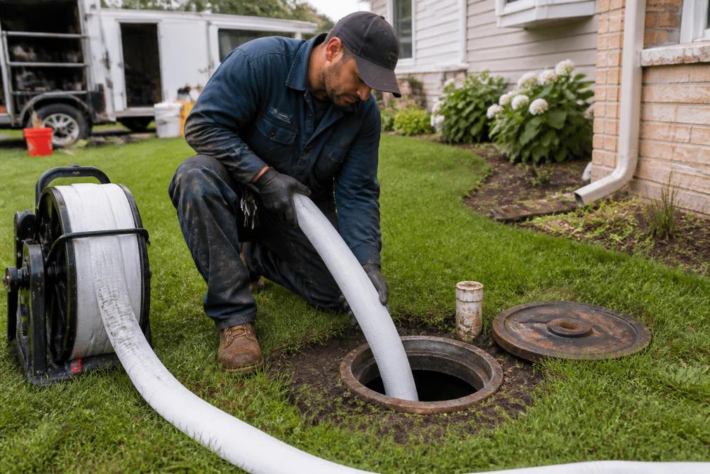 A technician in workwear inserting a white epoxy-soaked liner into an open sewer cleanout access point in a residential yard, with minimal disruption to the lawn