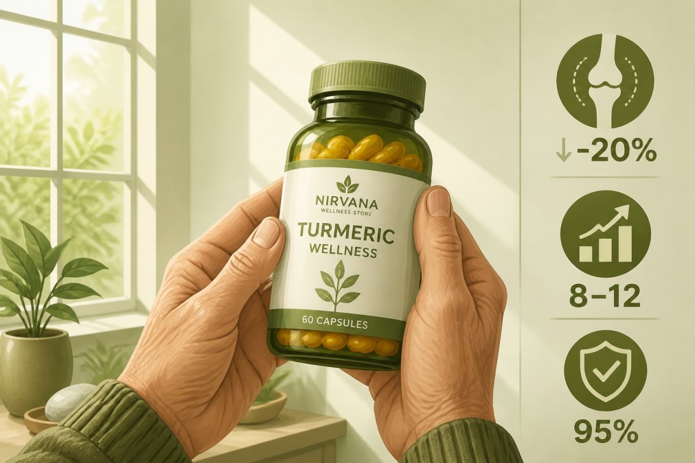 Older adult's hands holding a turmeric supplement bottle with natural morning light streaming through a window, showing the golden supplement clearly