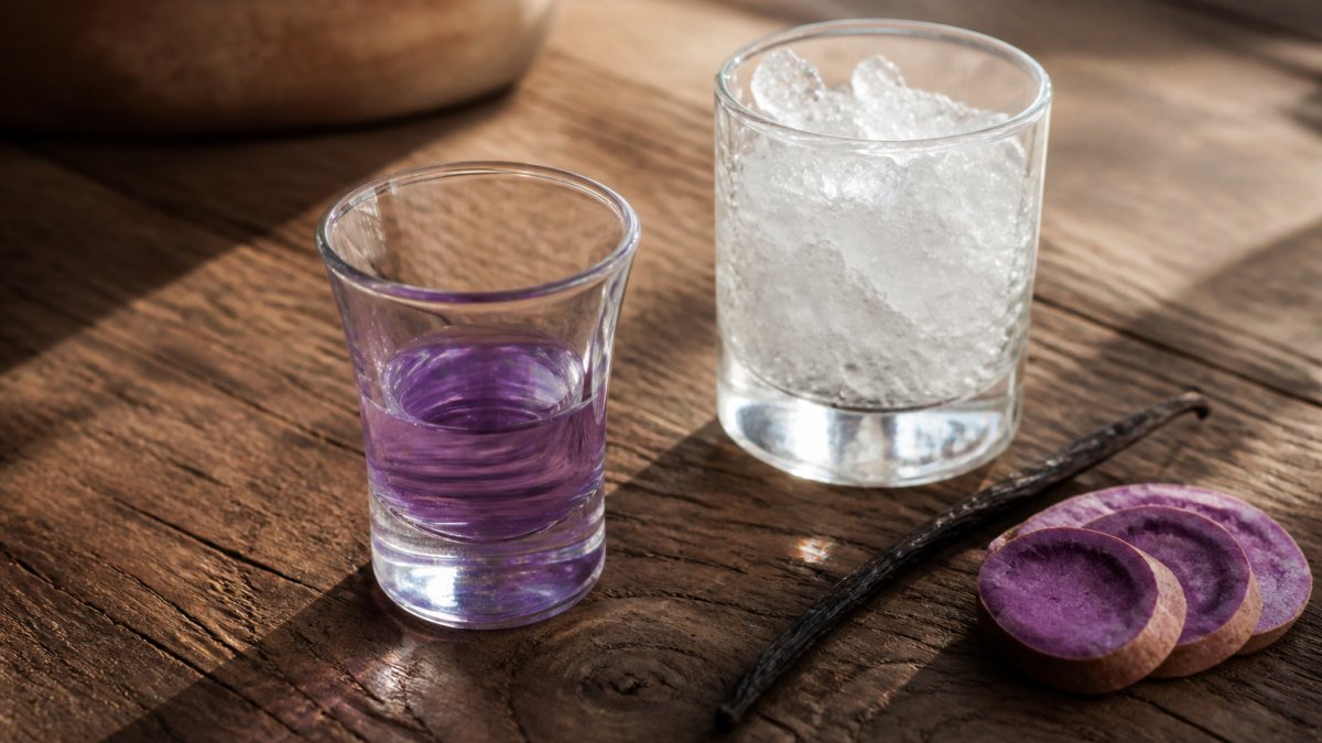 A small tasting glass of purple-hued ube moonshine on a wooden table beside a glass of crushed ice and a sliced vanilla bean, warm natural light
