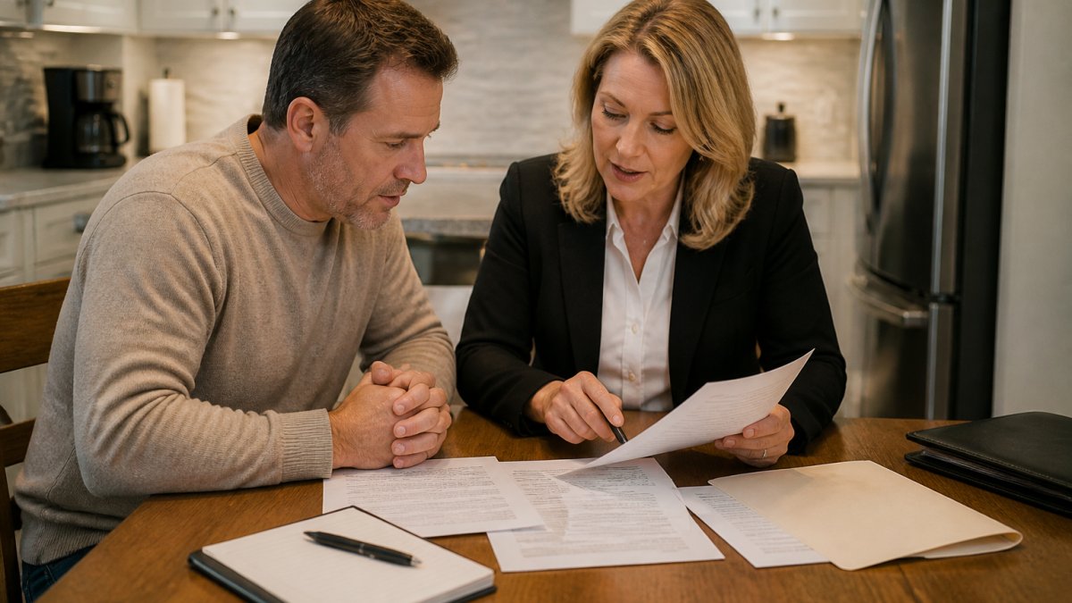 A landlord and an insurance agent reviewing policy documents together at a kitchen table, with a laptop open to a coverage summary and a pen resting on a notepad
