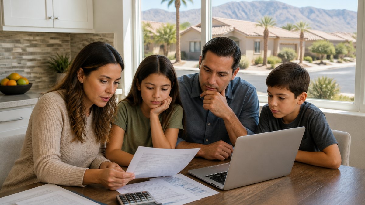 A family of four sitting at a kitchen table with a laptop, reviewing insurance documents and a calculator, with a suburban Las Vegas home visible through the window