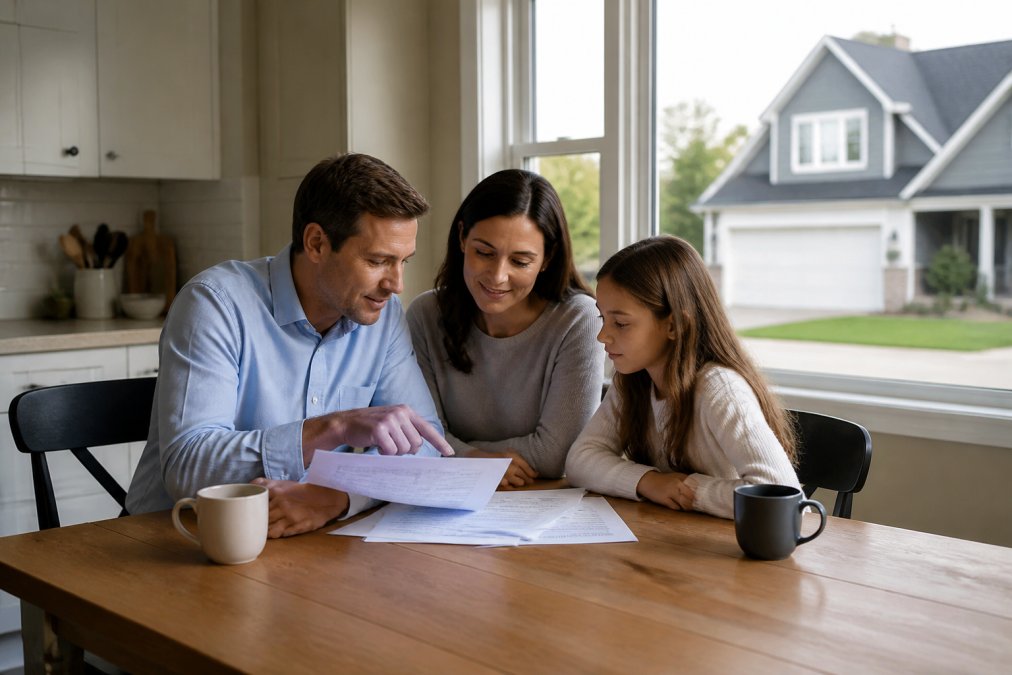 Family reviewing insurance documents together at kitchen table with a home visible through the window in soft natural light, suggesting financial security and peace of mind