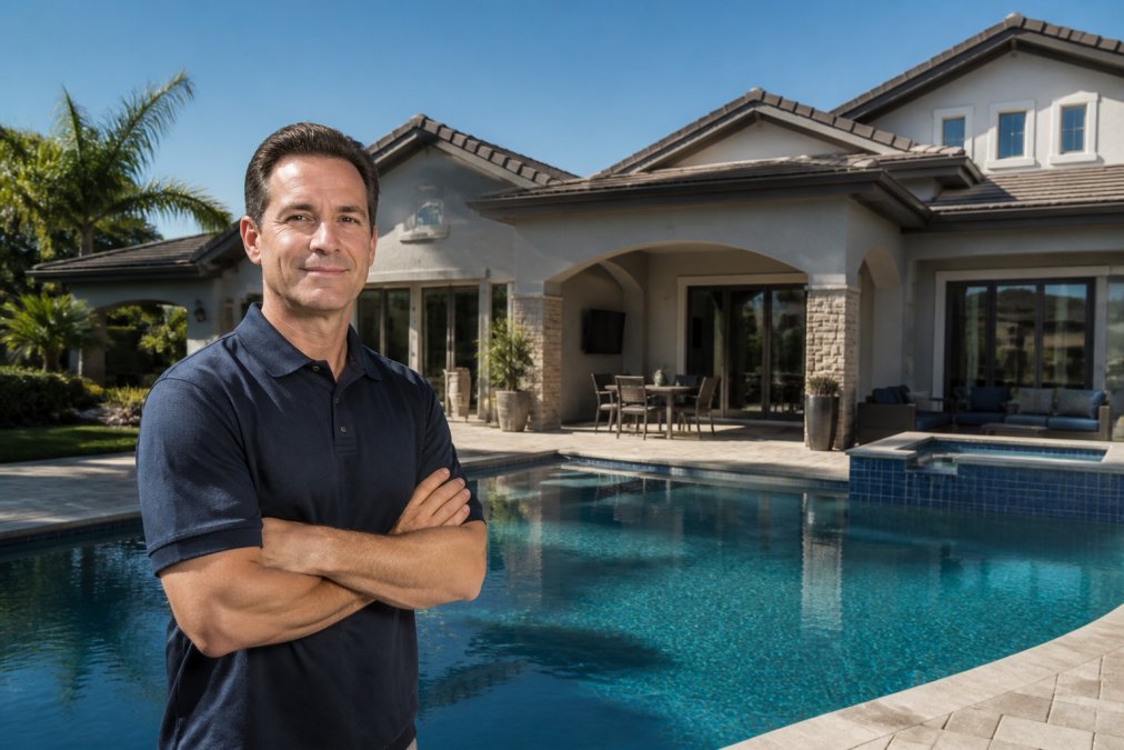 Homeowner standing in front of their house with a sparkling swimming pool visible in the background, representing valuable assets and increased liability risk