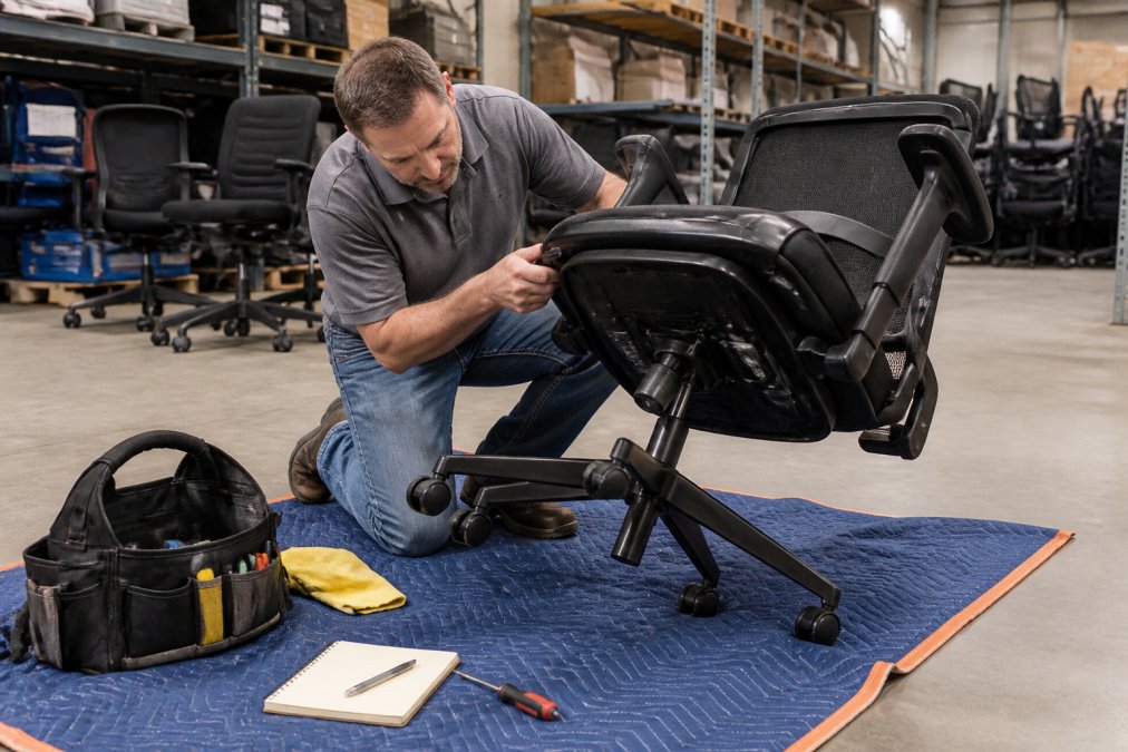 A person kneeling beside a used ergonomic office chair in a warehouse, tilting it to inspect the underside of the seat pan and pneumatic cylinder under overhead lighting