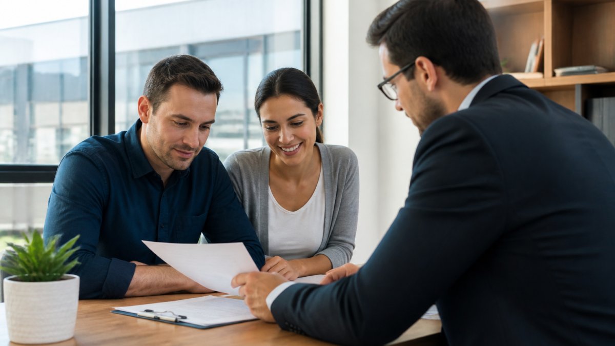Professional insurance broker meeting with a couple at a desk, reviewing policy documents and discussing coverage options together in a modern office setting with natural lighting