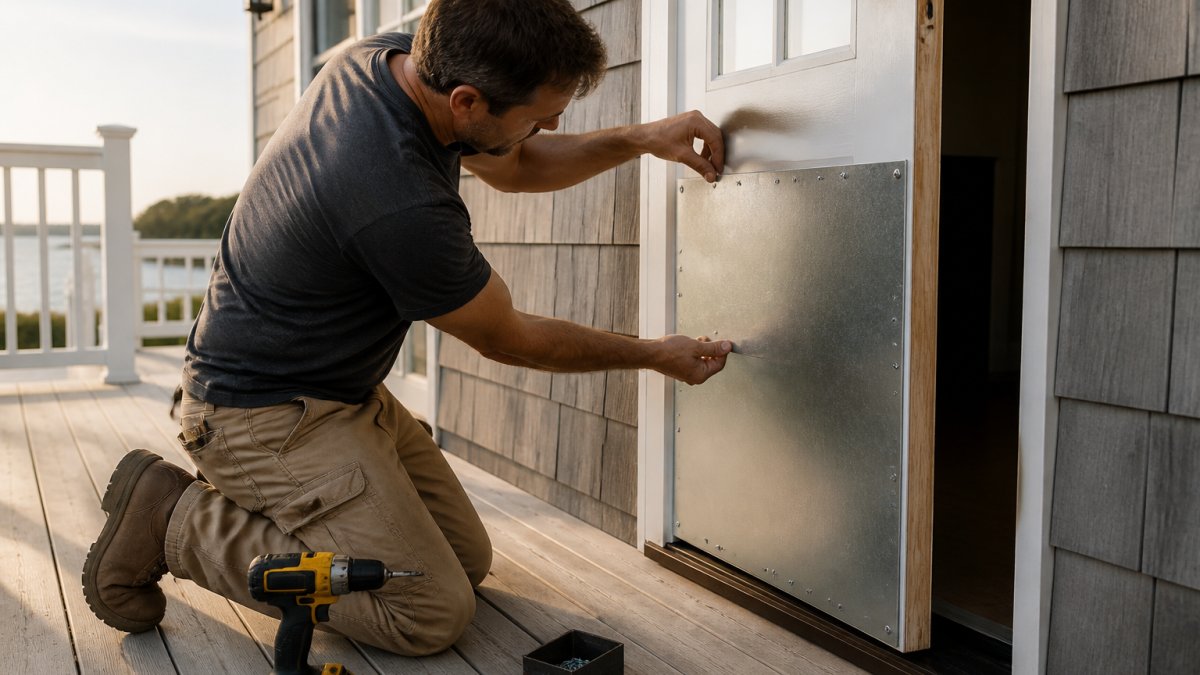 Step-by-step diagram showing how to install a steel reinforcement plate on a door frame for enhanced security