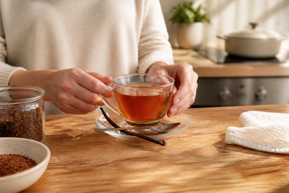 Hands holding a glass mug of vanilla rooibos tea with a vanilla bean on a wooden kitchen counter
