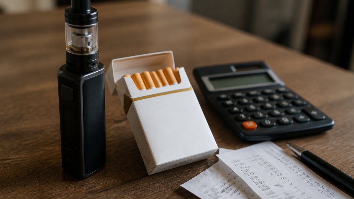 Close-up of a refillable vape device next to a pack of cigarettes on a wooden table with a calculator and receipts, showing the contrast between the two products