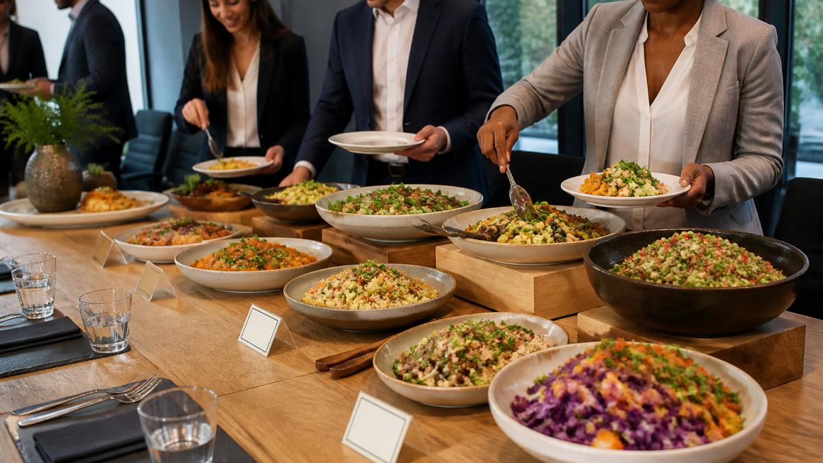 Flowchart illustrating the steps to organize professional vegan lunch catering for corporate meetings.
