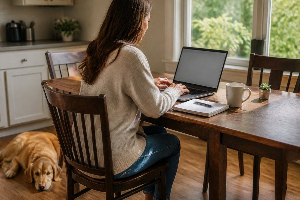 A pet owner sitting at a kitchen table with a laptop, reviewing a veterinary license verification website, a golden retriever resting on the floor beside the chair, warm afternoon light through the window