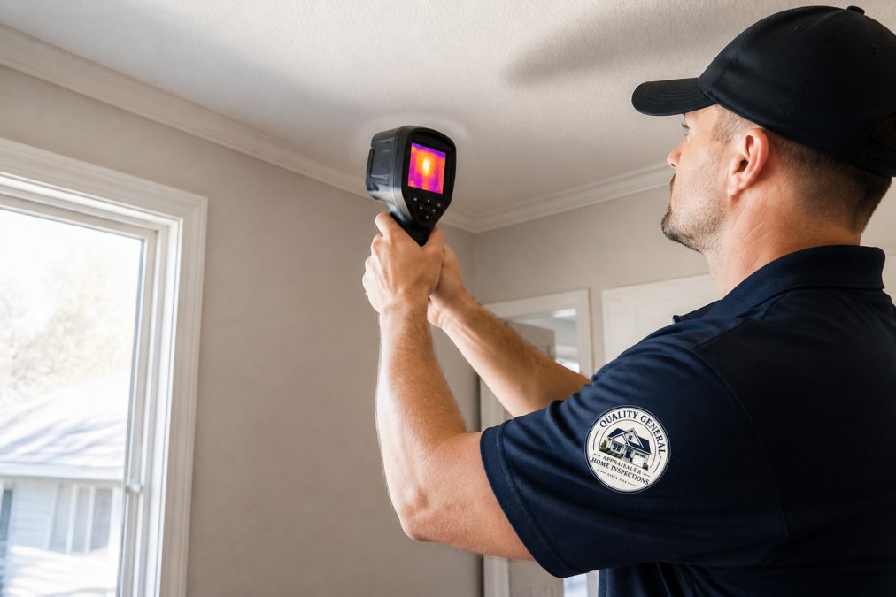 Professional home inspector using thermal imaging equipment to examine interior walls and ceiling areas for moisture and thermal anomalies in a residential home