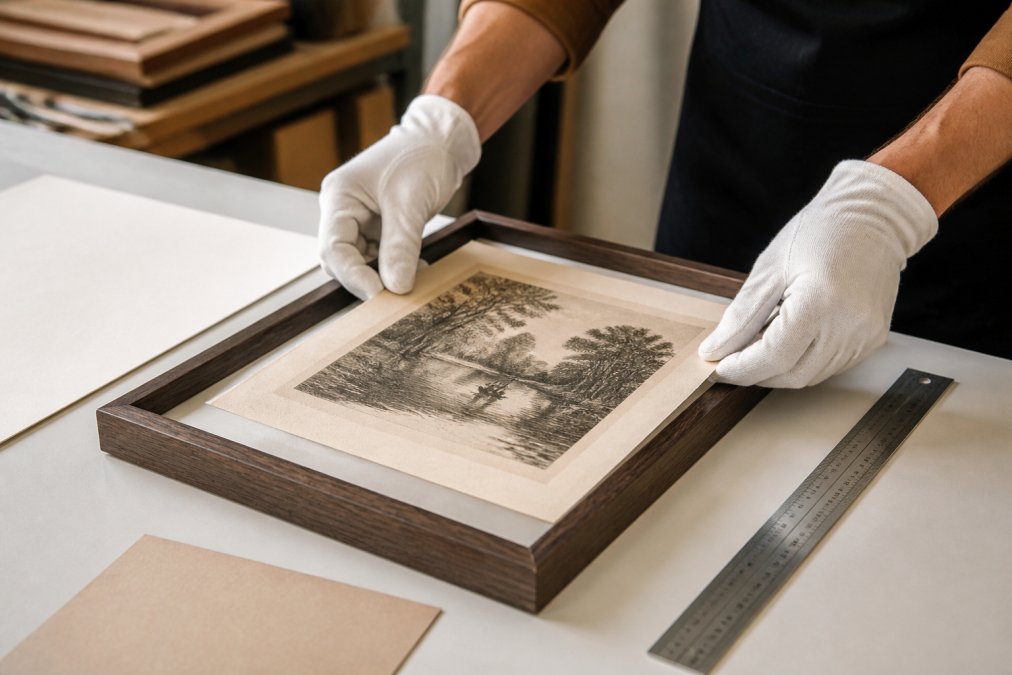 Hands in white gloves carefully framing a vintage art decor print using acid-free materials on a worktable