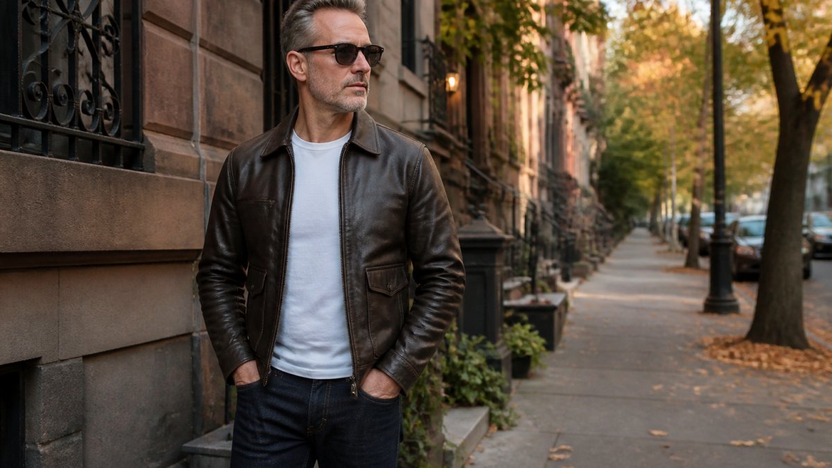 A man in his 40s wearing a vintage-inspired leather jacket over a plain white T-shirt and dark jeans, standing on a city sidewalk in autumn, natural daylight, candid street-style photograph