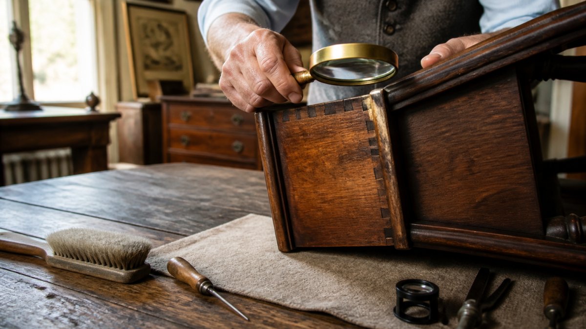 Professional hands examining vintage wooden furniture piece, inspecting dovetail joints and wood grain with magnifying glass in natural daylight