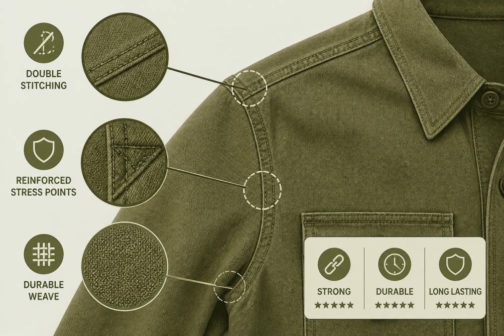 Close-up of carefully stitched seams and reinforced construction details on a vintage-inspired garment, showing double-stitching at stress points and quality fabric weave with natural lighting