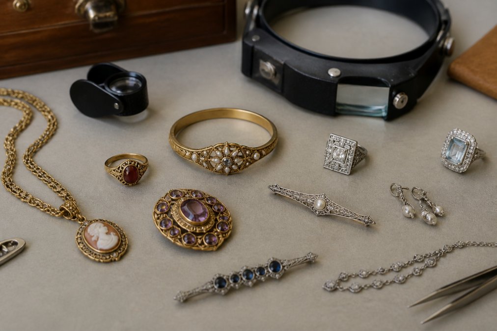Jeweller's workspace with vintage jewellery pieces from different eras displayed on a neutral surface, showing Victorian, Art Deco, and Edwardian designs, with professional lighting and magnification tools visible