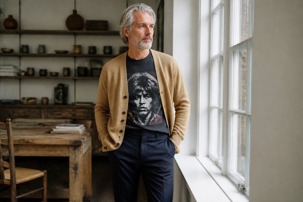 Person in their 50s wearing a faded vintage band t-shirt layered with a camel-colored wool cardigan and tailored navy trousers, standing in natural window light with relaxed confidence