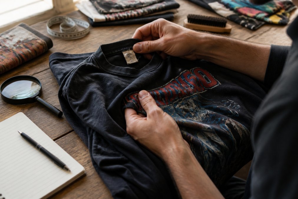 Close-up of hands carefully examining a faded band t-shirt, checking the tag stitching, feeling the fabric weight, and inspecting the graphic print quality under natural light
