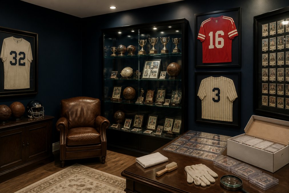 A well-organized home display featuring vintage sports decor items including framed jerseys, vintage tickets in shadow boxes, and collectibles arranged in a climate-controlled glass display case with soft museum-quality lighting